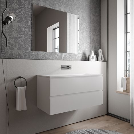 BERNSTEIN - Meuble vasque de salle de bain MDF Blanc mat avec lavabo fonte minérale Blanc mat - 100x45,6x50cm - AVA BRUXELLES - Blanc mat, Blanc mat sans trou pour robinetterie