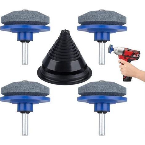 Lot de 4 aiguiseurs de lame pour tondeuse à gazon universels pour perceuse à main avec 1 affûteur d'équilibrage pour jardin, cour, cuisine Bleu (1/4)