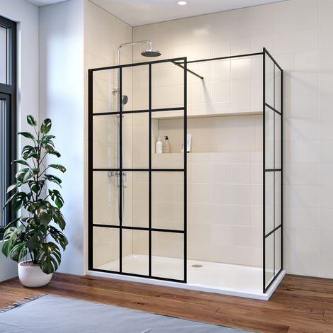 ELEGANT 1200mm Walk in Shower Cubicle 700mm Side Glass Panel 8mm Tempered Glass Black Matt Shower Enclosure 1600x700mm Shower Base Tray and Free Waste Trap Include Double Stainless Steel Support Rod (1/5)