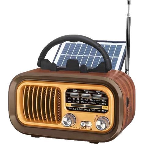 Vintage-Radio, tragbares, wiederaufladbares AM/FM/SW-Radio mit 1200-mAh-Akku und D-Batterien, Bluetooth-Transistorradio mit Solarpanel, USB/TF-kompatibel