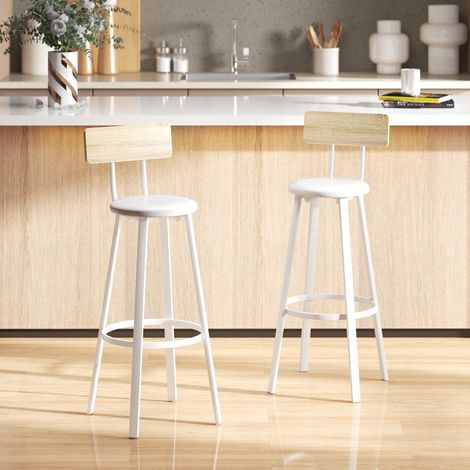 Jeu de 2 tabourets hauts de cuisine avec dossier et repose-pieds rembourrés en PU, assise de 75,5 cm naturel et blanc