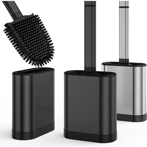 Brosse WC Silicone Suspendue avec Support Inoxydable, Noir (1/5)