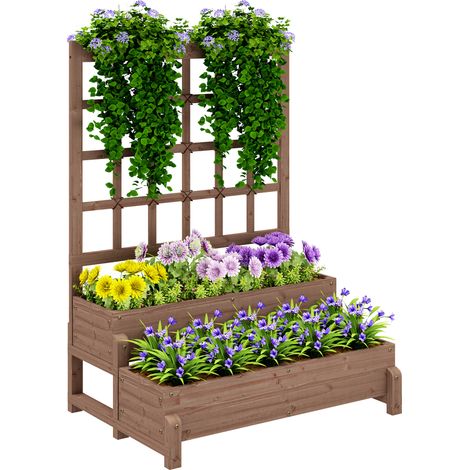 2-Tier Raised Garden Bed Trellis, Wooden Elevated Planter Box Drainage Holes, Outdoor Raised Planter for Climbing Plants, Fruits, Vegetables, Flowers, Brown (1/5)