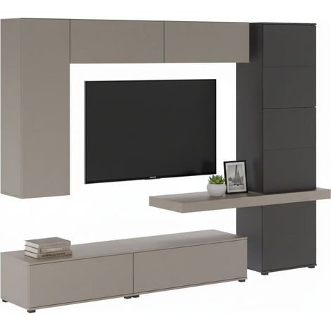 Pared Modular Portula, Mueble de Salón 5 Estantes, 2 Cajones, Modulable, Gris Tortora