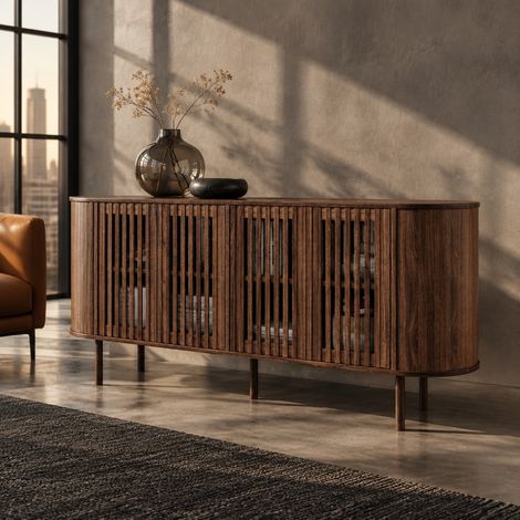 Credenza 160x40x70 cm in MDF color noce con contenitore per soggiorno e sala da pranzo (1/5)
