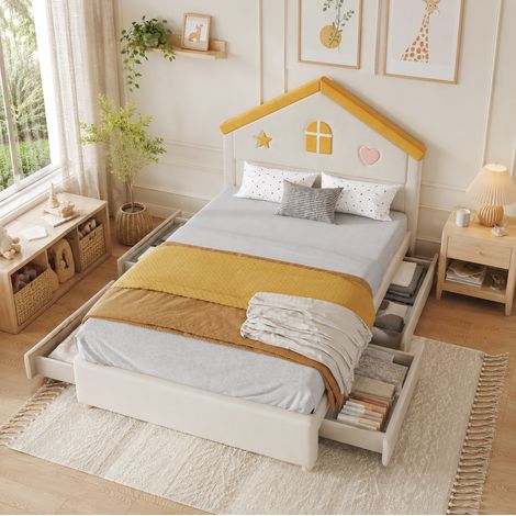 Letto bambino 140 x 200 cm con 4 cassetti, letto casa imbottito beige in velluto francese DESVIAE (1/5)