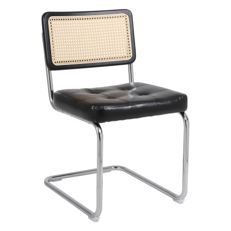 Lot de 2 chaises de salle à manger noires en simili cuir et dossier aspect rotin avec pieds en métal chromé (1/5)