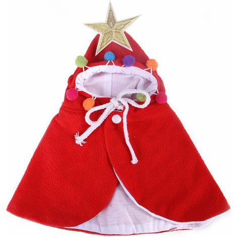 Costume De Noel Pour Animal De Compagnie - Cape Et Chapeau De Père Noël Avec Étoile Dorée Et Pompons - Pour Chien Chat - Taille Unique (1/5)