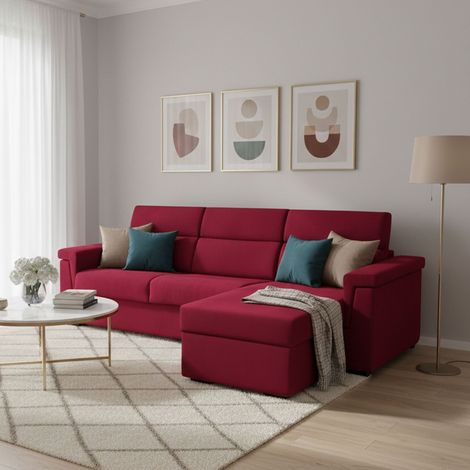 Sofá Cama con Chaise Longue Ganzaria, Desenfundable, Almacenaje Made in Italy, Hidrófugo Multiposición, 285x160 cm Rojo (1/5)