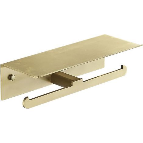 Wall-Mounted Toilet Paper Holder with Aluminum Phone Shelf, Toilet Roll Holder, Kitchen, Gold, Double (1/4)