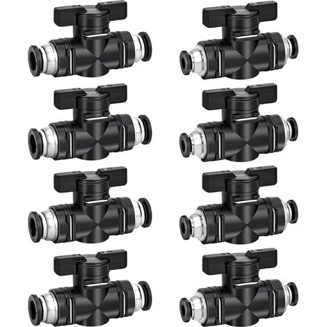 Raccord Pneumatique - 8 Pièces - Plastique Et Cuivre - Vanne D'Arrêt - Pour Tuyau Air 6mm Et 8mm - Noir (1/5)