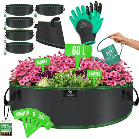 KESSER® Pflanzsack 60 Liter (60x25) - 5er Set aus Vlies mit Namensschildern, Sichtfenster & Griffen – ideal für Gemüse, Blumen & Obst - Schwarz