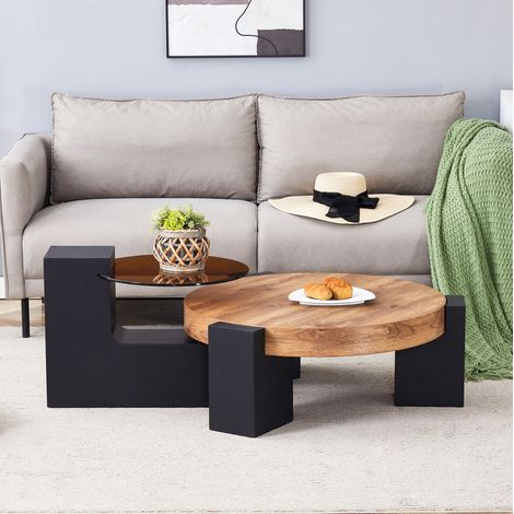 Tavolino rotondo a 2 livelli in vetro e MDF OKMYHOME (1/5)