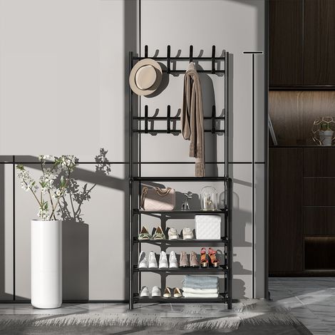 Appendiabiti moderno autoportante in metallo, ripiano per appendere abiti, appendiabiti per ingresso, 60 cm, 4 ripiani, nero.