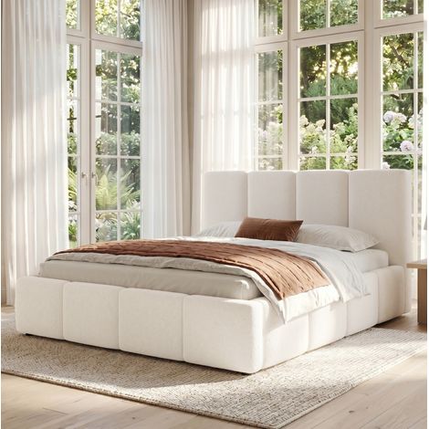Cama tapizada de matrimonio 222x202x94 cm, con somier, cabecero acolchado, bouclé beige (1/5)