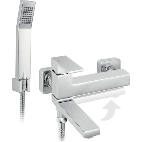 Mitigeur de baignoire mural avec bec pivotant rabattable – Finition chromée – Flexible de douche 150 cm inclus – Entraxe 150 ± 20 mm – Ferro (1/3)