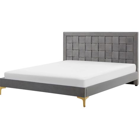 Cama con somier de terciopelo gris 140 x 200 cm cabecero patas Limoux