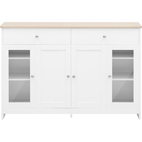 Sideboard aus weißem MDF in Holzoptik, 4 Türen, 2 Schubladen, Glas, 120 cm