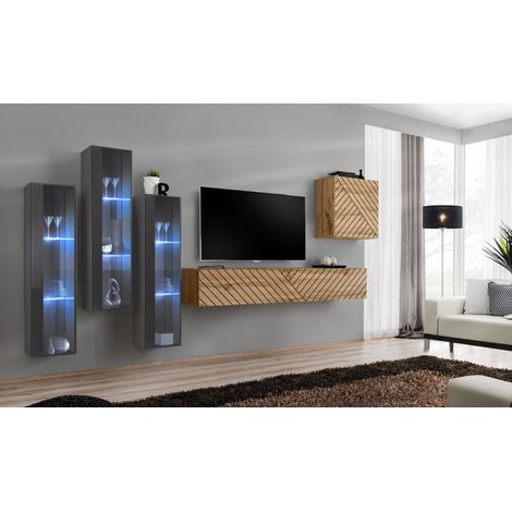 Ensemble de 5 meubles muraux "Switch XIII" pour TV en bois - Beige et Gris - L 330 x H 160 x P 40 cm - Livraison gratuite
