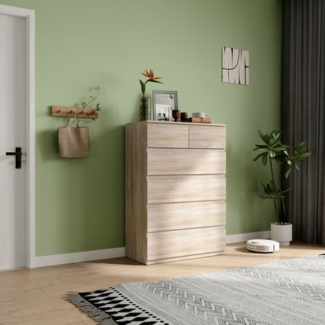 Cassettiera a 6 cassetti, mobile contenitore senza maniglie, design minimalista, 80 x 39 x 115 cm, legno naturale (1/5)