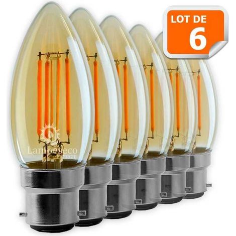Lot de 6 Ampoules Led Flamme Filament Doré 4 watt (éq. 42 Watt) Culot B22 (1/3)