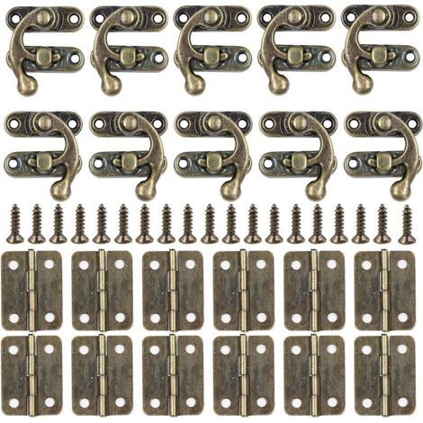 Set of 10 retro antique left/right locking hooks + 12 small hinges with screws, perfect for decorating wooden boxes (1/5)