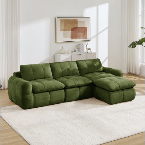 Sofá rinconera modular de 3 plazas con otomana, chenilla verde, sin montaje DESVIAE (1/5)