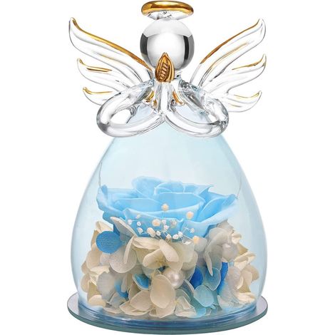 Rose éternelle sous cloche en verre - Figurine d'ange - Rose bleue éternelle faite main - Cadeau pour femme, petite amie, mère pour la fête des mères, la Saint-Valentin, un anniversaire (10,5 x 6,5 x (1/5)