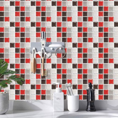 Rectangle Adhésive Décorative à Carreaux pour Salle de Bains et Cuisine Stickers Carrelage, Motif Marbre Mosaïque Imperméables Adhésive Décoration (Rouge Mosaïque,24Pièces) (1/3)