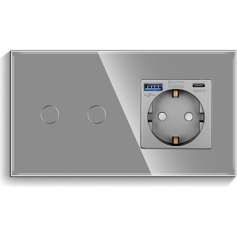 Interrupteur tactile en verre + prise Schuko avec ports USB Type-C et Type-A rapides (3,1 A/20 W), montage encastré, indicateur LED, gris, double (1/5)