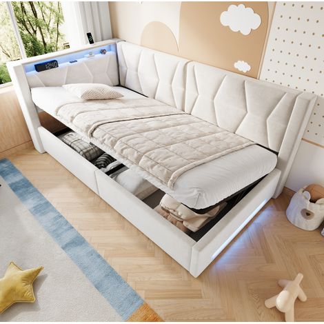Metall- und Samtbett 90x200 cm mit LED und Stauraum, Beige – MEUBLIV (1/5)