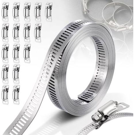 Collier de serrage en acier inoxydable 304 de 5 m, ruban perforé en métal réglable, pince en acier inoxydable de fixation en 16 pièces pour plomberie, machine à laver, piscine, jardin (1/4)