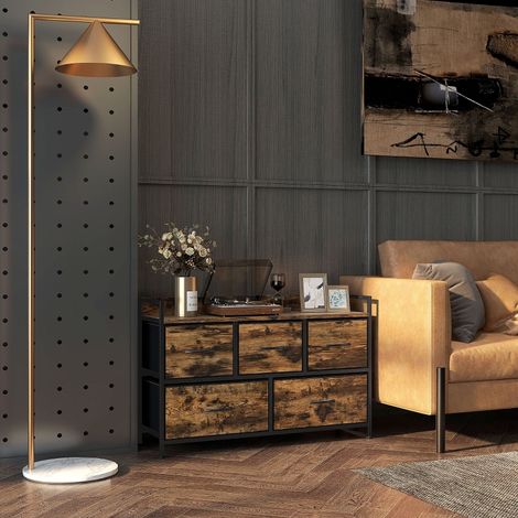 Commode avec 5 tiroirs en tissu,armoire de rangement avec cadre en acier,design industriel pour chambre,salon rustique-brun