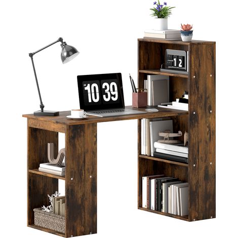 120cm Computer Desk, Wooden PC Laptop Table  6-Tier Storage Bookshelves, Home Office Working Study Desk, Writing Workstation, Rustic Brown Wood-Effect (1/5)