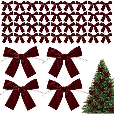 40 Samt-Geschenkschleifen für Weihnachtsbaum- und Hochzeitsdekoration, Burgunderrot (1/5)