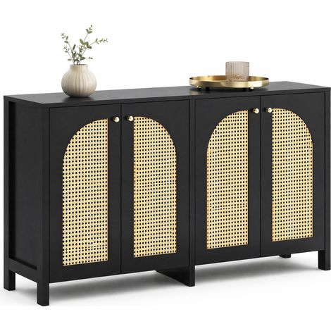 ELVMI Aparador con 4 Puertas de Ratán Sintético y Estantes Ajustables para Comedor en MDF Negro 145×40×80 cm (1/5)