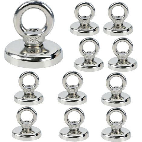 Lot de 10 aimants puissants en néodyme : 32 mm argent aimants extra puissants aimants de pêche ronds amovibles avec anneaux de levage et vis, aimant de pêche puissant avec trou pour camping et (1/5)