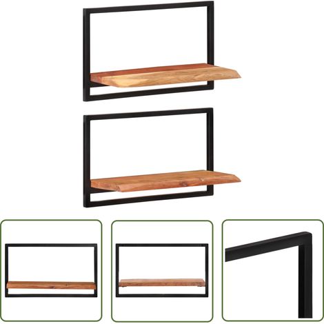 The Living Store Étagères murales 2 pcs 60x25x35 cm Bois d'acacia et acier - Étagères Murales - Étagères En Bois - Étagères Design - Rangement Mural - Décoration Murale (1/5)