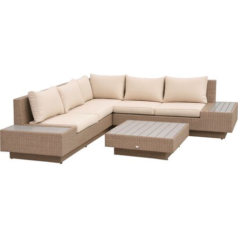 4-tlg. Luxus Polyrattan Gartengarnitur Gartenmöbel Garten-Set Sitzgruppe Loungeset Loungemöbel inkl. Ablagen und Beistelltisch Sitzkissen Braun