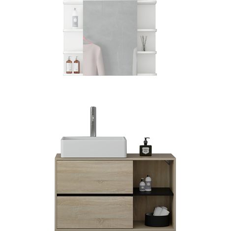 ML-Design Badmöbel-Set 2-teilig, Badezimmermöbel Set Badezimmerset, Waschbeckenunterschrank hängend Braun-Schwarz Waschtischunterschrank, Spiegelschrank Weiß Hängeschrank Badezimmerschrank Badschrank