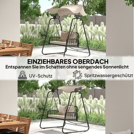 Balançoire Hollywood en rotin, 2 places, avec pare-soleil réglable et coussins, assise suspendue, charge maximale 240 kg, idéale pour jardin ou balcon, 149 x 121 x 180 cm, kaki (1/5)