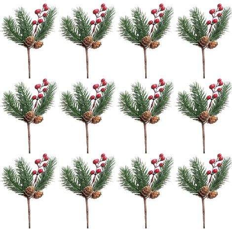 12 décorations de Noël artificielles en forme de baies rouges et de pommes de pin, avec branches de pin, pour guirlandes, couronnes et autres ornements (1/5)