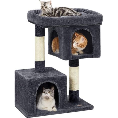 Feandrea Arbre à chat, Tour de Jeux 84 cm, L, Maison pour Chats jusqu’à 7 kg, Grande Plate-forme, 2 Niches, Griffoir, Gris Foncé
