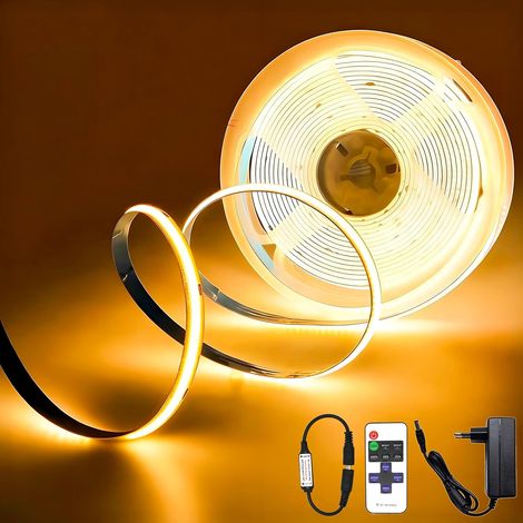 Ruban LED COB 5M, Bande LED Blanc Chaud 3000K, avec Alimentation et Télécommande,24V Dimmable,CRI 93+, Largeur 8mm, pour Chambre, Décoration de la Maison, la Cuisine (1/5)