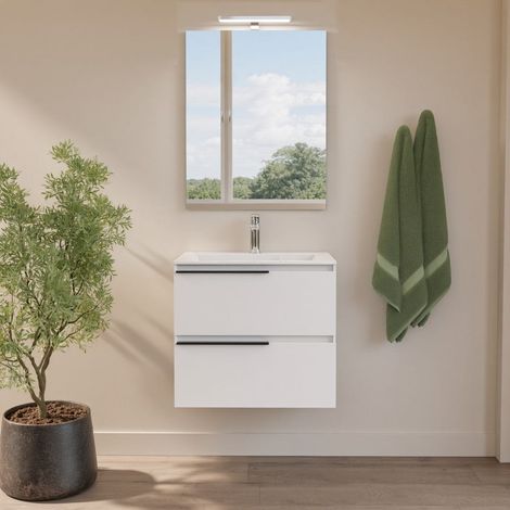 Hängendes Badmöbel 60 Cm Mit 2 Schubladen, Keramikwaschbecken, Spiegel Und Led-Lampe Berlin (1/5)