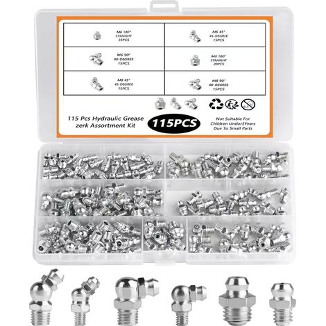 Coffret de 115 Graisseurs Hydrauliques Nickelés, Assortiment de Graisseurs à Visser Droits et Coudés 45°/90°, Embouts de Graissage pour Pompe à Graisse, Raccords Filetés M6 M8 M10 pour Voiture, Tracte (1/3)