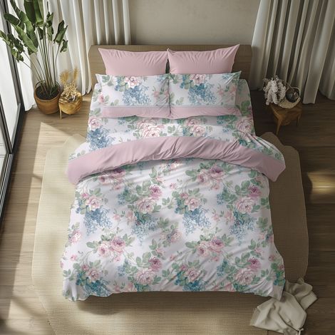 Set Completo Letto Matrimoniale Sarome, in Policotone, Lavabile in Lavatrice, Colore Struttura Verde, Rosa (1/3)