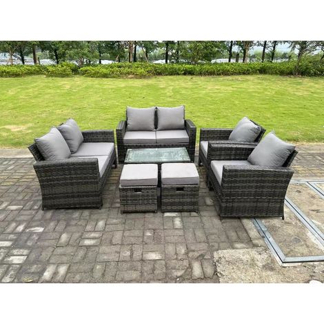 Fimous 8 Seater Dark Grey Mixed High Back Rattan Sofa Set Coffee Table Garden Furniture Outdoor Patio 2 Stools (1/5)