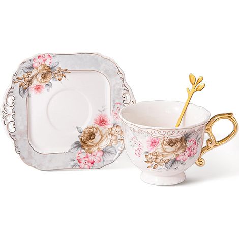 Ensembles de Tasse à Thé Grise 200ml avec Soucoupe, Tasse à Café en Porcelaine avec Grande Anse, Soucoupe Carrée avec Bord Doré (1/3)