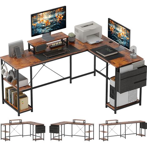 Escritorio esquinero reversible en forma de L de 168 cm, estilo industrial, con estante ajustable y bolsa de almacenamiento mesa para PC de 240 cm para dos personas con soporte para monitor, color mar